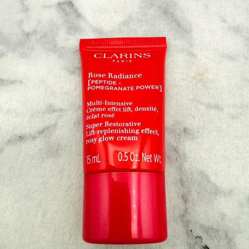 Clarins Beauty Gift Set-Red Pouch,Eye Cream,Face Cream,Cleanser&Mascara-5pc-NEW